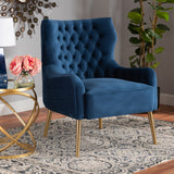 Baxton Studio Nelson Modern Luxe and Glam Navy Blue Velvet Fabric Upholstered and Gold Finished Metal Armchair 