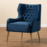 Baxton Studio Nelson Modern Luxe and Glam Navy Blue Velvet Fabric Upholstered and Gold Finished Metal Armchair 