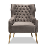 Baxton Studio Nelson Modern Luxe and Glam Grey Velvet Fabric Upholstered and Gold Finished Metal Armchair 