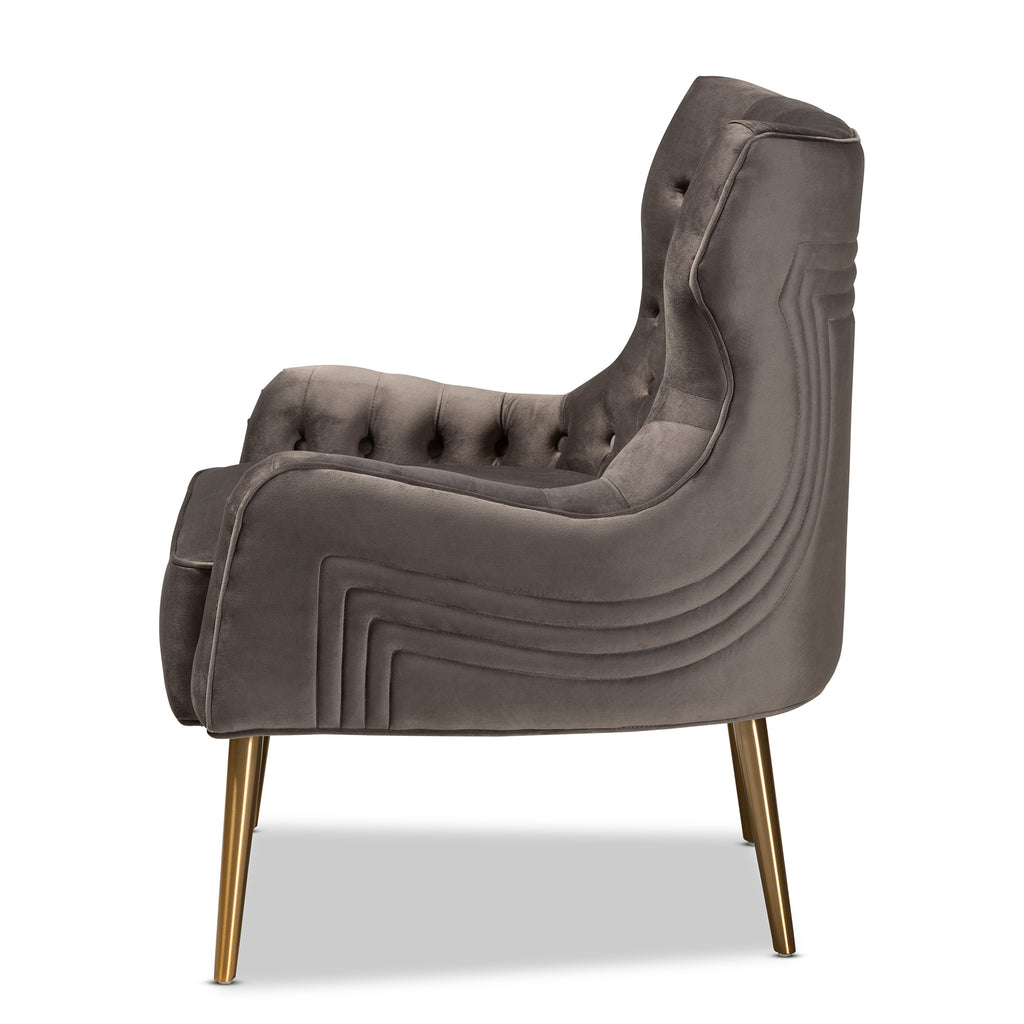 Baxton Studio Nelson Modern Luxe and Glam Grey Velvet Fabric Upholstered and Gold Finished Metal Armchair