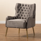 Baxton Studio Nelson Modern Luxe and Glam Grey Velvet Fabric Upholstered and Gold Finished Metal Armchair 