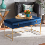 Baxton Studio Aliana Glam and Luxe Navy Blue Velvet Fabric Upholstered and Gold Finished Metal Large Storage Ottoman 