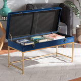 Baxton Studio Aliana Glam and Luxe Navy Blue Velvet Fabric Upholstered and Gold Finished Metal Large Storage Ottoman 