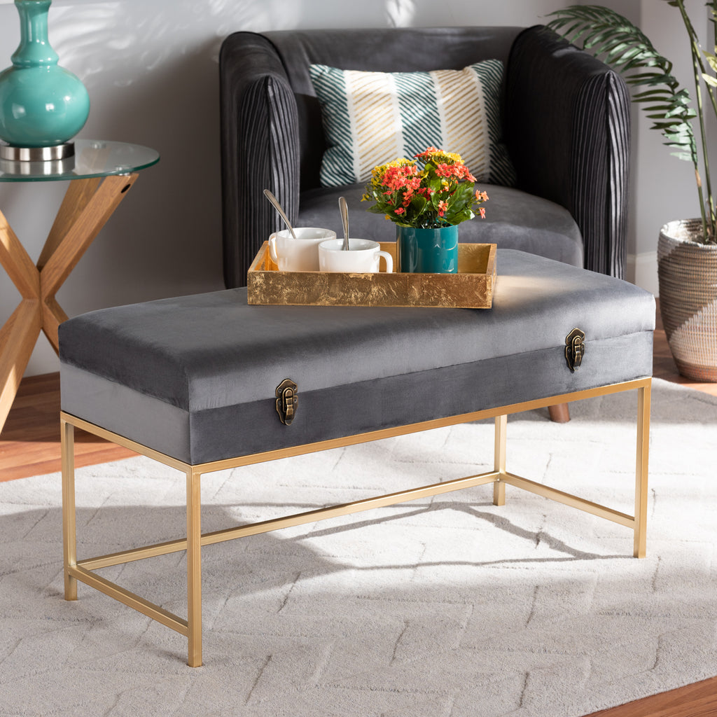 Aliana Glam and Luxe Velvet Fabric Upholstered and Gold Finished Metal Storage Ottoman