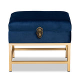 Baxton Studio Aliana Glam and Luxe Navy Blue Velvet Fabric Upholstered and Gold Finished Metal Small Storage Ottoman 