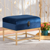 Baxton Studio Aliana Glam and Luxe Navy Blue Velvet Fabric Upholstered and Gold Finished Metal Small Storage Ottoman 