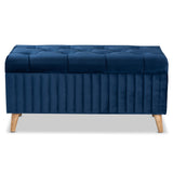 Baxton Studio Hanley Modern and Contemporary Navy Blue Velvet Fabric Upholstered and Walnut Brown Finished Wood Storage Ottoman