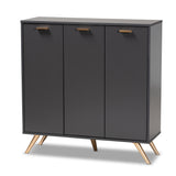 Kelson Modern and Contemporary Dark Grey and Gold Finished Wood 3-Door Shoe Cabinet