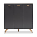 Kelson Modern and Contemporary Dark Grey and Gold Finished Wood 3-Door Shoe Cabinet