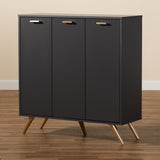 Kelson Modern and Contemporary Dark Grey and Gold Finished Wood 3-Door Shoe Cabinet