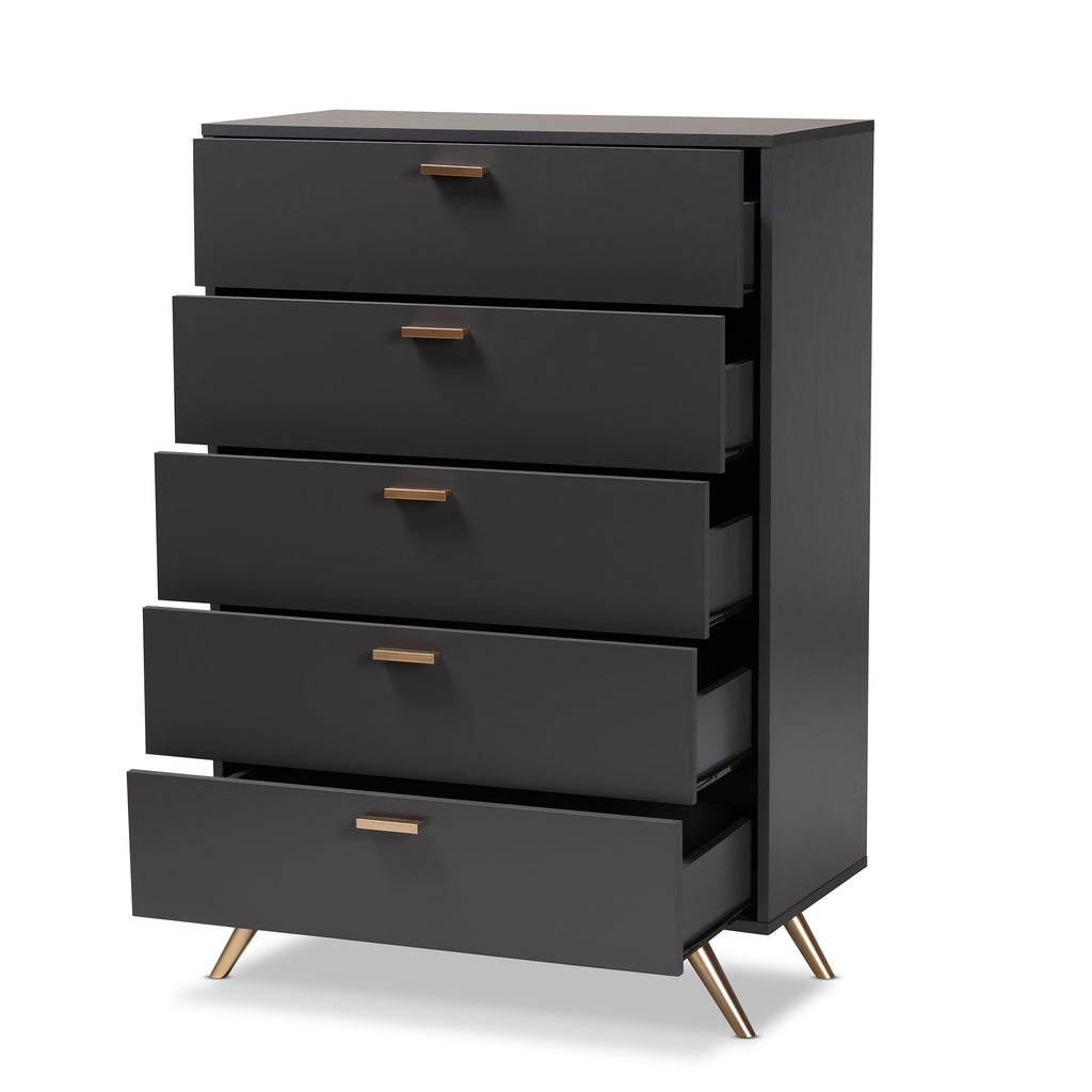 Kelson Modern and Contemporary Dark Grey and Gold Finished Wood 5-Drawer Chest