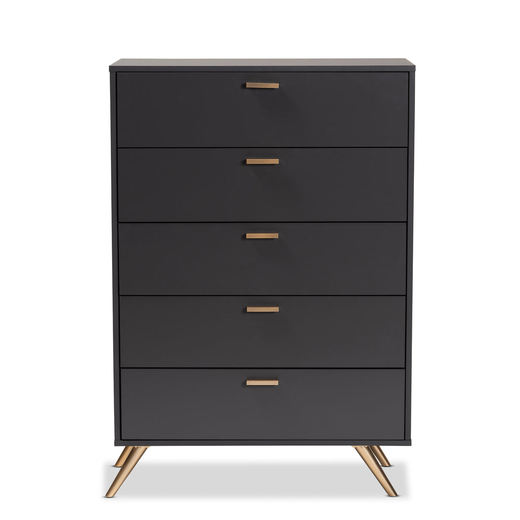 Kelson Modern and Contemporary Dark Grey and Gold Finished Wood 5-Drawer Chest
