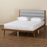 Jarlan Modern and Contemporary Transitional Grey Fabric Upholstered and Walnut Brown Finished Wood King Size Platform Bed