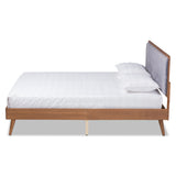 Larue Modern and Contemporary Grey Velvet Fabric Upholstered and Walnut Brown Finished Wood King Size Platform Bed