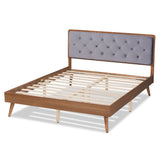 Larue Modern and Contemporary Grey Velvet Fabric Upholstered and Walnut Brown Finished Wood King Size Platform Bed