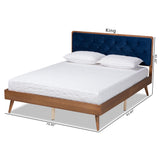 Larue Modern and Contemporary Navy Blue Velvet Fabric Upholstered and Walnut Brown Finished Wood King Size Platform Bed