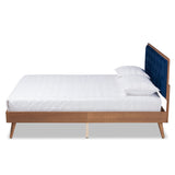 Larue Modern and Contemporary Navy Blue Velvet Fabric Upholstered and Walnut Brown Finished Wood King Size Platform Bed