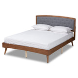 Ratana Mid-Century Modern Transitional Grey Fabric Upholstered and Walnut Brown Finished Wood Platform Bed
