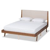 Senna Mid-Century Modern Fabric Upholstered and Walnut Brown Finished Wood Platform Bed