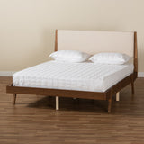 Senna Mid-Century Modern Beige Fabric Upholstered and Walnut Brown Finished Wood King Size Platform Bed