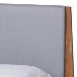 Senna Mid-Century Modern Grey Fabric Upholstered and Walnut Brown Finished Wood King Size Platform Bed