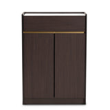 Walker Modern and Contemporary Dark Brown and Gold Finished Wood Shoe Cabinet with Faux Marble Top