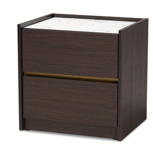 Walker Modern and Contemporary Dark Brown and Gold Finished Wood Nightstand with Faux Marble Top