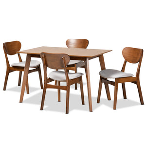 Katya Mid-Century Modern Grey Fabric Upholstered and Walnut Brown Finished Wood 5-Piece Dining Set