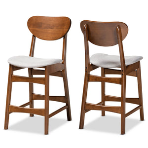 Katya Mid-Century Modern Grey Fabric Upholstered and Walnut Brown Finished Wood 2-Piece Counter Stool Set