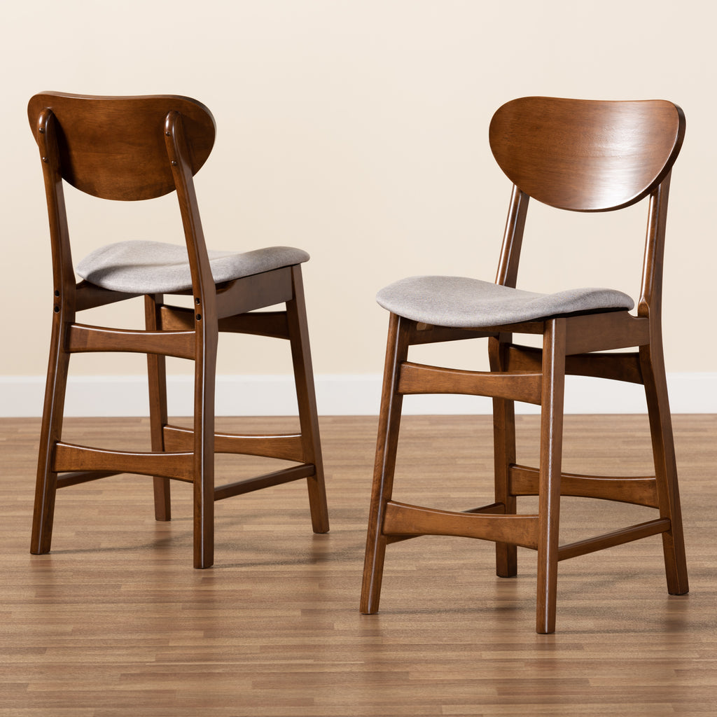 Katya Mid-Century Modern Grey Fabric Upholstered and Walnut Brown Finished Wood 2-Piece Counter Stool Set