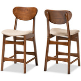 Katya Mid-Century Modern Sand Fabric Upholstered and Walnut Brown Finished Wood 2-Piece Counter Stool Set