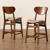 Katya Mid-Century Modern Sand Fabric Upholstered and Walnut Brown Finished Wood 2-Piece Counter Stool Set