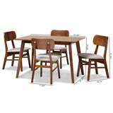 Euclid Mid-Century Modern Grey Fabric Upholstered and Walnut Brown Finished Wood 5-Piece Dining Set