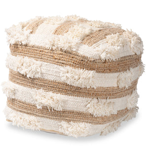 Basque Handwoven Wool Blend Pouf Ottoman - Cozy Natural & Ivory Footstool for Modern Spaces