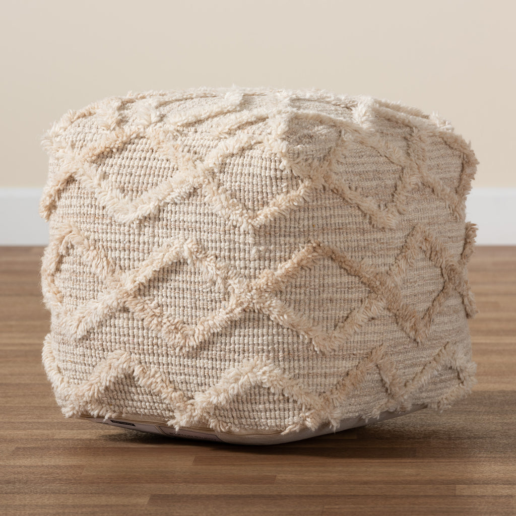 Carilyn Modern and Contemporary Moroccan Inspired Ivory Handwoven Wool Blend Pouf Ottoman