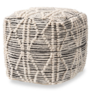 Sentir Modern and Contemporary Moroccan Inspired Ivory and Black Handwoven Wool Blend Pouf Ottoman