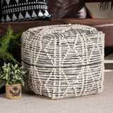 Sentir Modern and Contemporary Moroccan Inspired Ivory and Black Handwoven Wool Blend Pouf Ottoman