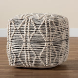 Sentir Modern and Contemporary Moroccan Inspired Ivory and Black Handwoven Wool Blend Pouf Ottoman