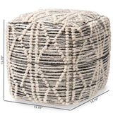 Sentir Modern and Contemporary Moroccan Inspired Ivory and Black Handwoven Wool Blend Pouf Ottoman