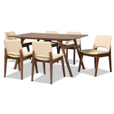 Afton MidCentury Modern Faux Leather Upholstered and Walnut Brown Finished Wood 7 Piece Dining Set