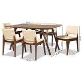 Baxton Studio Afton Mid-Century Modern Beige Faux Leather Upholstered and Walnut Brown Finished Wood 7-Piece Dining Set