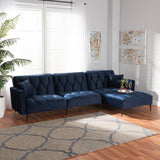 Baxton Studio Galena Contemporary Glam and Luxe Navy Blue Velvet Fabric Upholstered and Black Metal Sectional Sofa with Right Facing Chaise