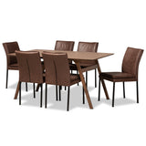 Gerard Modern and Contemporary Distressed Brown Fabric Upholstered and Black Finished Metal with Walnut Brown Finished Wood 7-Piece Dining Set