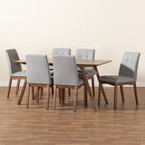 Baxton Studio Tara Mid-Century Modern Light Grey Fabric Upholstered and Walnut Brown Finished Wood 7-Piece Dining Set