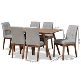 Baxton Studio Tara Mid-Century Modern Light Grey Fabric Upholstered and Walnut Brown Finished Wood 7-Piece Dining Set