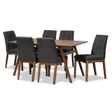Tara Mid-Century Modern Fabric Upholstered and Walnut Brown Finished Wood 7-Piece Dining Set