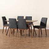 Baxton Studio Tara Mid-Century Modern Dark Grey Fabric Upholstered and Walnut Brown Finished Wood 7-Piece Dining Set