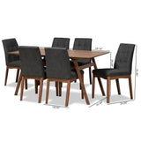 Baxton Studio Tara Mid-Century Modern Dark Grey Fabric Upholstered and Walnut Brown Finished Wood 7-Piece Dining Set