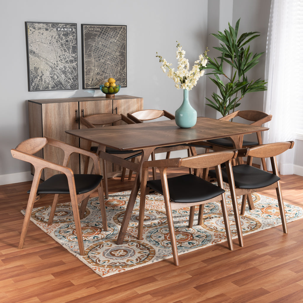 Baxton Studio Harland Mid-Century Modern Black Faux Leather Upholstered and Walnut Brown Finished Wood 7-Piece Dining Set