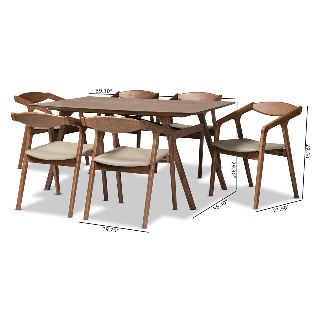 Baxton Studio Harland Mid-Century Modern Grey Faux Leather Upholstered and Walnut Brown Finished Wood 7-Piece Dining Set